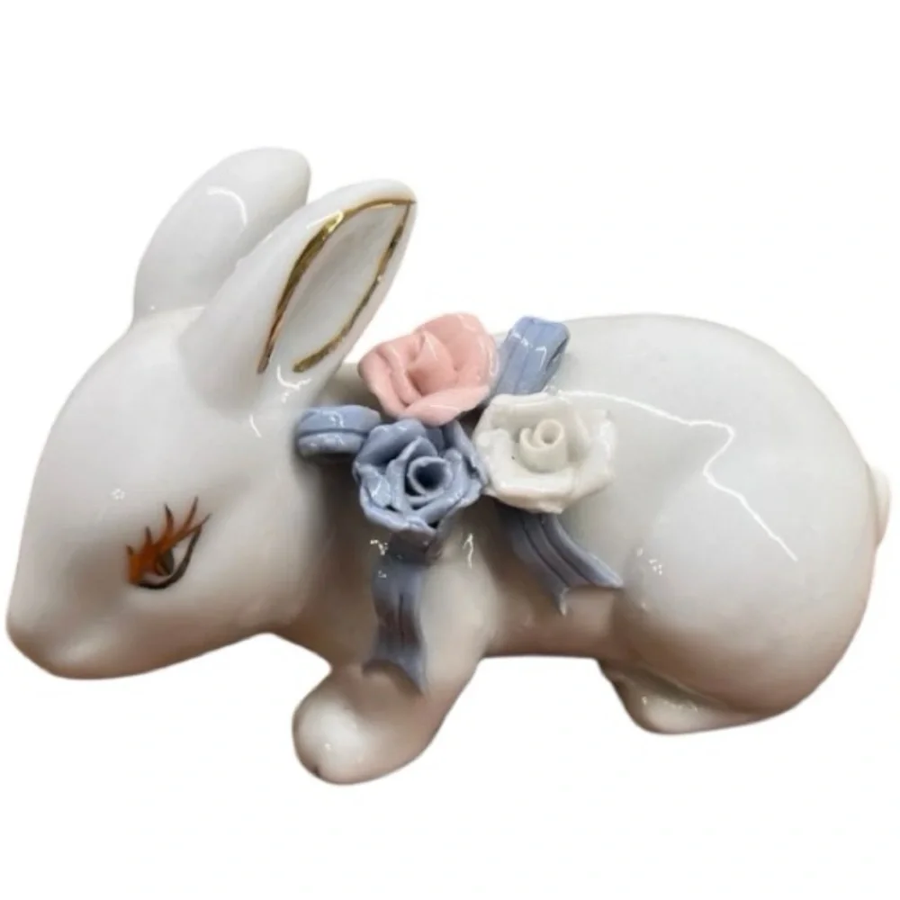 Vintage Porcelain Bunny Floral Rose Bow Cottage Core Farmhouse Mid Century White